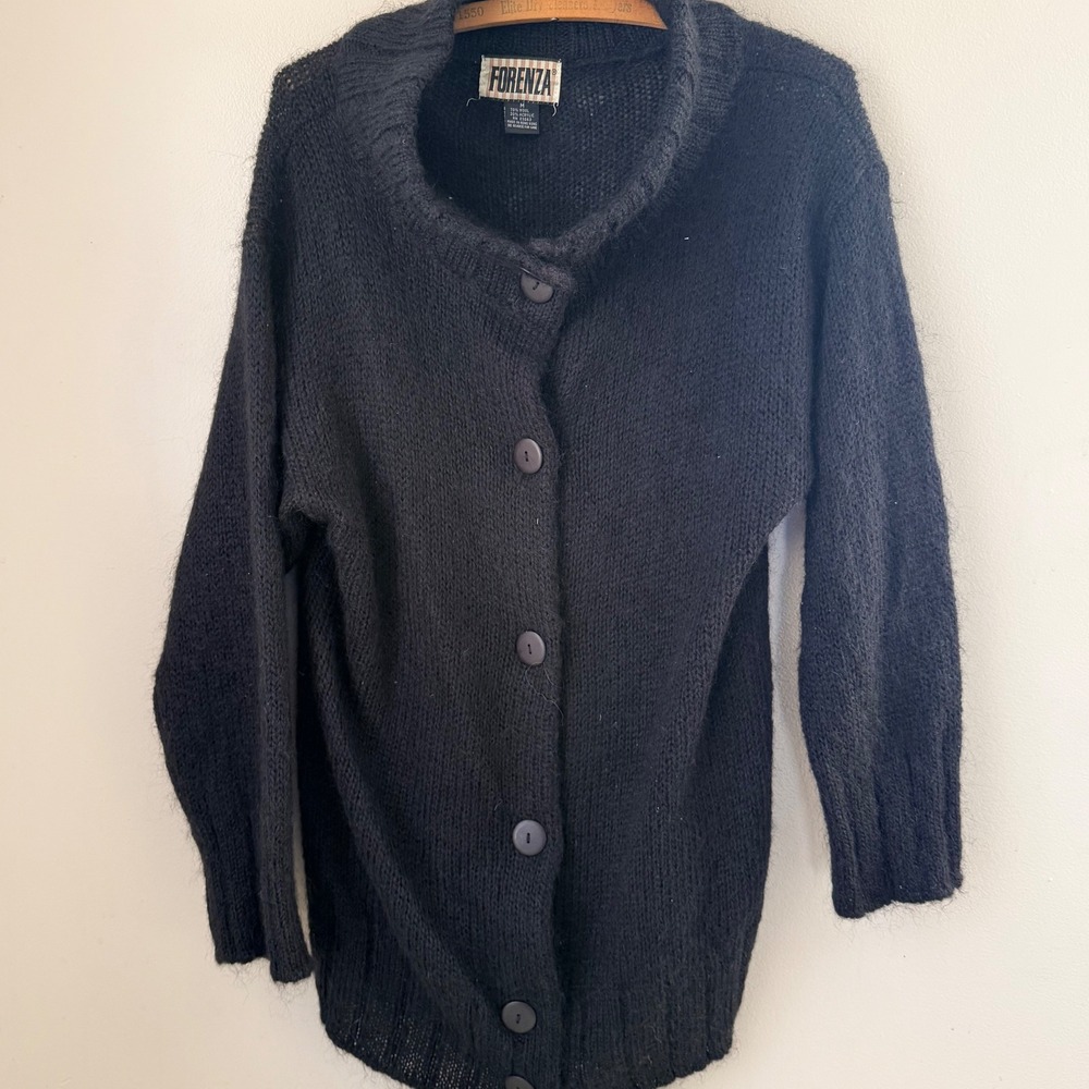 VTG FORENZA Black Wool Blend Knit Cardigan Button Front‎ Collar Size M Cozy